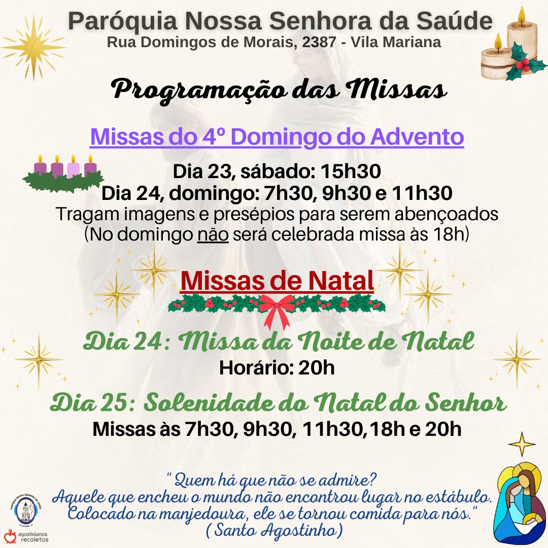 Programação das Missas de domingo e do Natal