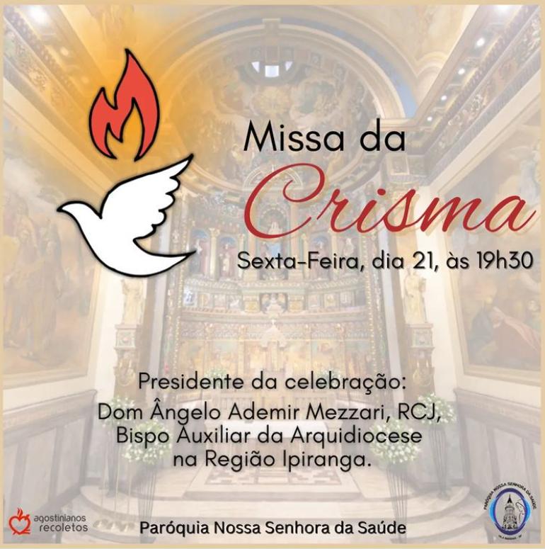 Missa de Crisma, sexta-feira, 21/06 às 19h30