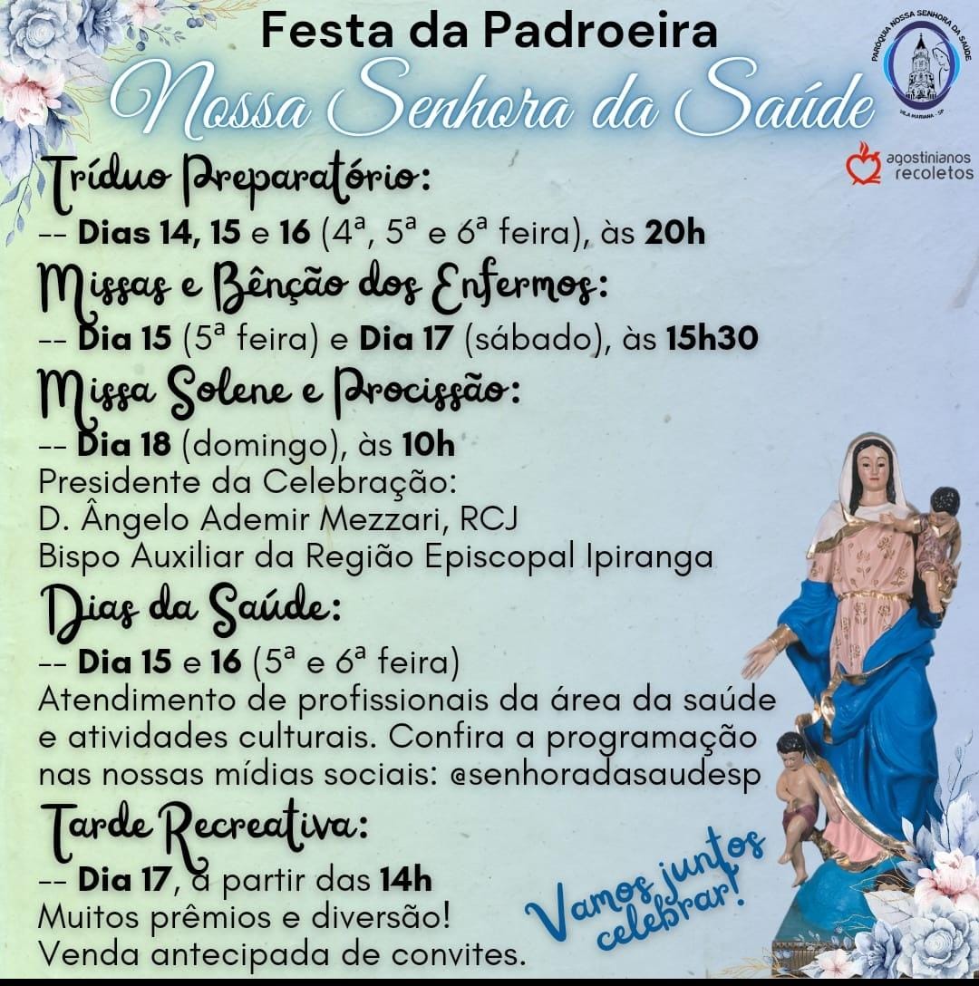 Vamos celebrar a Festa de Nossa Senhora da Saúde